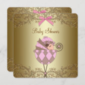 ピンクと金ゴールドレースガールベビーシャワー 招待状 (正面/裏面)