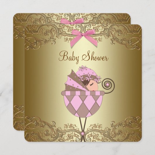 ピンクと金ゴールドレースガールベビーシャワー 招待状 (正面/裏面)