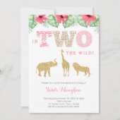 ピンクと金ゴールドワイルドサファリ2nd誕生日パーティー 招待状 (正面)