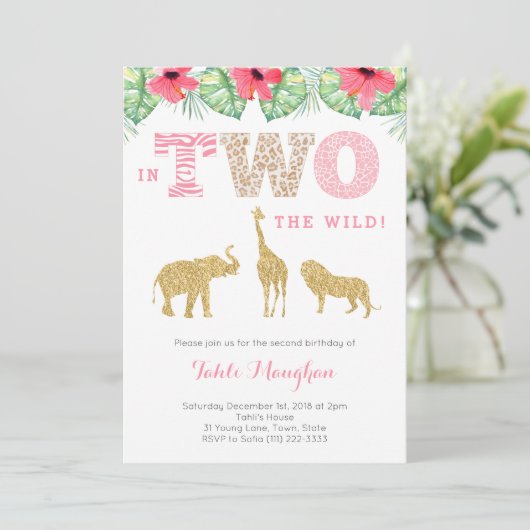 ピンクと金ゴールドワイルドサファリ2nd誕生日パーティー 招待状 (スタンド正面)