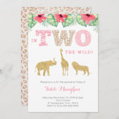 ピンクと金ゴールドワイルドサファリ2nd誕生日パーティー 招待状 (正面/裏面)