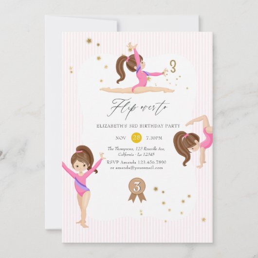 ピンクと金ゴールド体操3回目の誕生日パーティー 招待状 (正面)