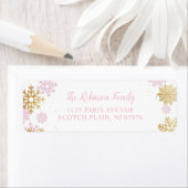 ピンクと金ゴールド冬スノーフレーク差出人住所 ラベル (インサイチュ)