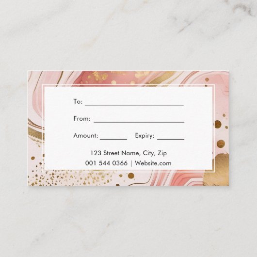 ピンクと金ゴールド大理石の水の色のギフト証明書 名刺 (裏面)
