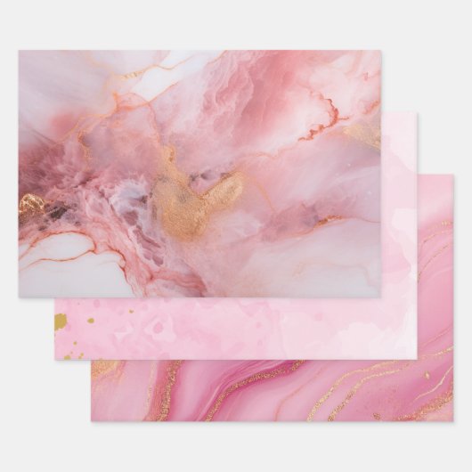 ピンクと金ゴールド大理石エレガント ラッピングペーパーシート (セット)