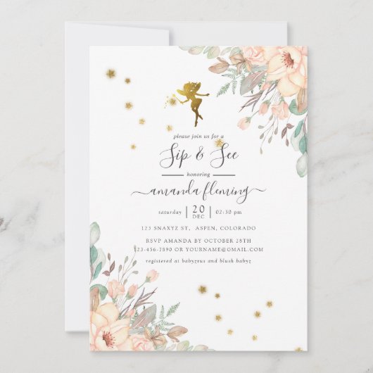 ピンクと金ゴールド妖精をテーマにした女の子のsipと見る 招待状 (正面)