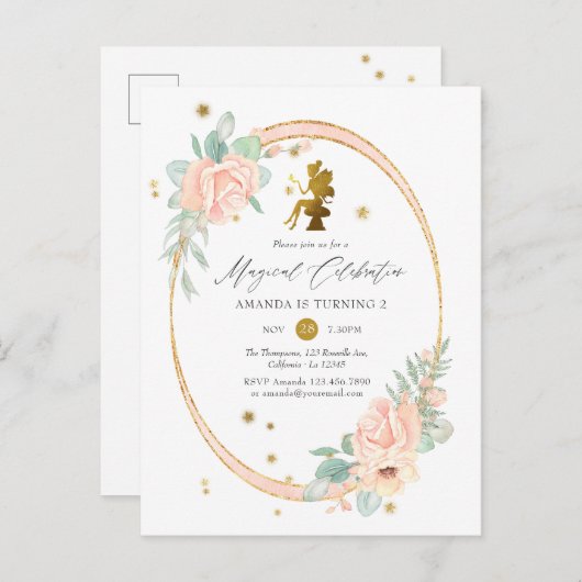 ピンクと金ゴールド妖精をテーマにした女の子2nd誕生日パーティー インビテーションポストカード (正面/裏面)
