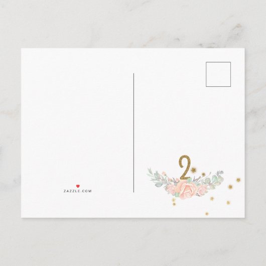 ピンクと金ゴールド妖精をテーマにした女の子2nd誕生日パーティー インビテーションポストカード (裏面)