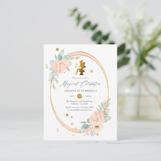 ピンクと金ゴールド妖精をテーマにした女の子2nd誕生日パーティー インビテーションポストカード (スタンド正面)
