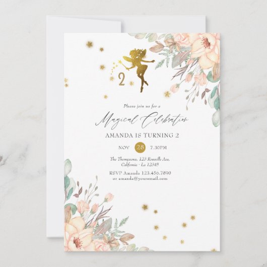 ピンクと金ゴールド妖精をテーマにした女の子2nd誕生日パーティー 招待状 (正面)