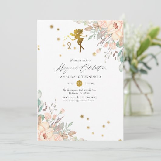 ピンクと金ゴールド妖精をテーマにした女の子2nd誕生日パーティー 招待状 (スタンド正面)