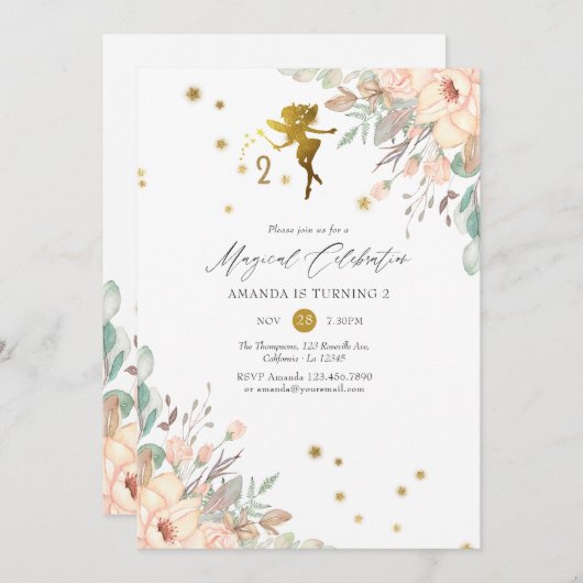 ピンクと金ゴールド妖精をテーマにした女の子2nd誕生日パーティー 招待状 (正面/裏面)