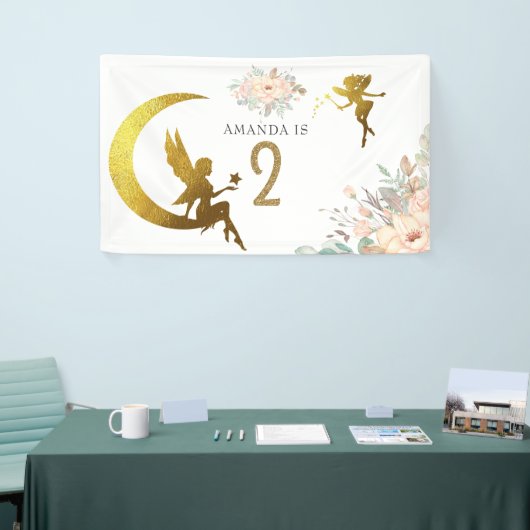 ピンクと金ゴールド妖精をテーマにした女の子2nd誕生日パーティー 横断幕 (トレードショー)