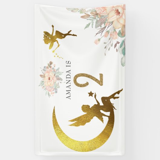 ピンクと金ゴールド妖精をテーマにした女の子2nd誕生日パーティー 横断幕 (縦)