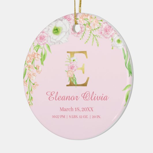 ピンクと金ゴールド文字「E」フローラモノグラム誕生統計 セラミックオーナメント (左)