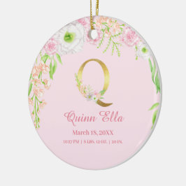 ピンクと金ゴールド文字「Q」フローラモノグラム誕生統計 セラミックオーナメント