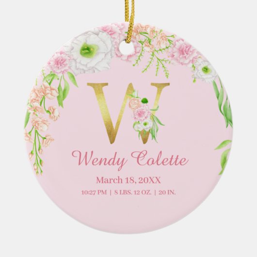 ピンクと金ゴールド文字「W」フローラモノグラム誕生統計 セラミックオーナメント (正面)