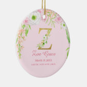 ピンクと金ゴールド文字「Z」フローラモノグラム誕生統計 セラミックオーナメント (右)