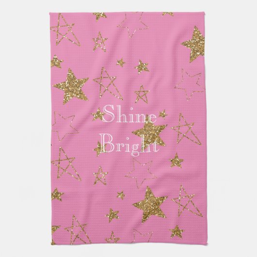 ピンクと金ゴールド星 キッチンタオル (縦)