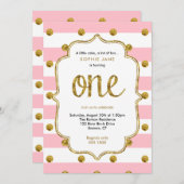 ピンクと金ゴールド最初の誕生日グリッター招待状 招待状 (正面/裏面)