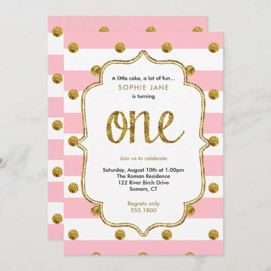 ピンクと金ゴールド最初の誕生日グリッター招待状 招待状 (正面/裏面)