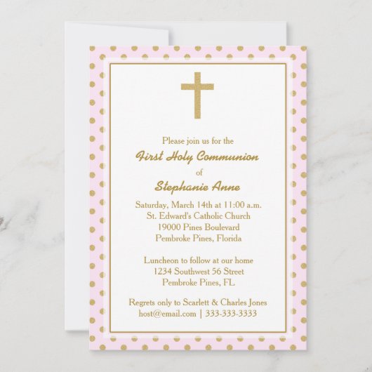 ピンクと金ゴールド水玉模様 招待状 (正面)