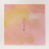 ピンクと金ゴールド水色抽象芸術絵画の ジグソーパズル (横)