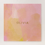 ピンクと金ゴールド水色抽象芸術絵画の ジグソーパズル<br><div class="desc">ピンク、かわいらし黄色、金ゴールド、オレンジの水色のブラシストロークと、およびオーガニック抽象芸術シェイプの組み合わせで、名前パーソナライズされたまたは単語を選択できます。</div>