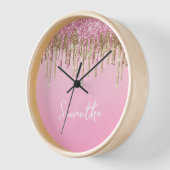 ピンクと金ゴールド滴下グリッターガラス名 壁時計 (傾斜)
