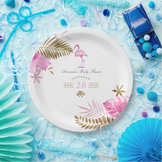 ピンクと金ゴールド熱帯フラミンゴの女の子の赤ちゃんシャワー ペーパープレート (パーティー)