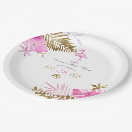 ピンクと金ゴールド熱帯フラミンゴの女の子の赤ちゃんシャワー ペーパープレート (アングル)