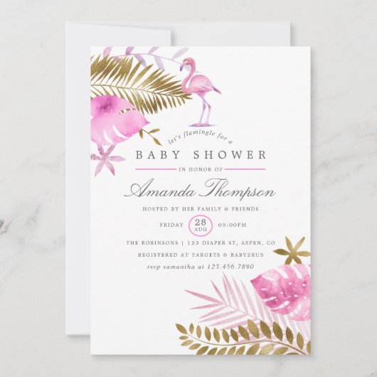 ピンクと金ゴールド熱帯フラミンゴの女の子の赤ちゃんシャワー 招待状 (正面)