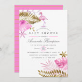 ピンクと金ゴールド熱帯フラミンゴの女の子の赤ちゃんシャワー 招待状 (正面/裏面)