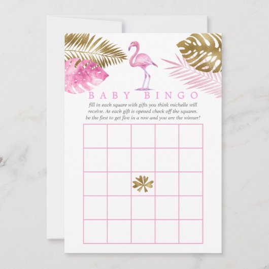 ピンクと金ゴールド熱帯フラミンゴ赤ちゃんシャワービンゴ 招待状 (正面)