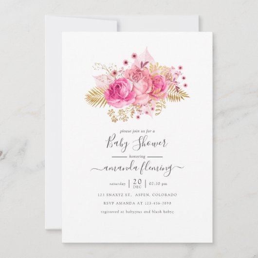 ピンクと金ゴールド熱帯フローラ赤ちゃんシャワー 招待状 (正面)