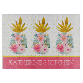 ピンクと金ゴールド熱帯性パイナップルと水玉模様 カッティングボード