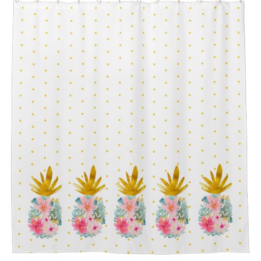 ピンクと金ゴールド熱帯性パイナップルと水玉模様 シャワーカーテン (正面)