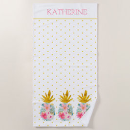 ピンクと金ゴールド熱帯性パイナップルと水玉模様 ビーチタオル