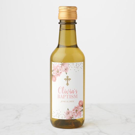 ピンクと金ゴールド牡丹フローラバプティスミニワインラベル ワインラベル (正面)