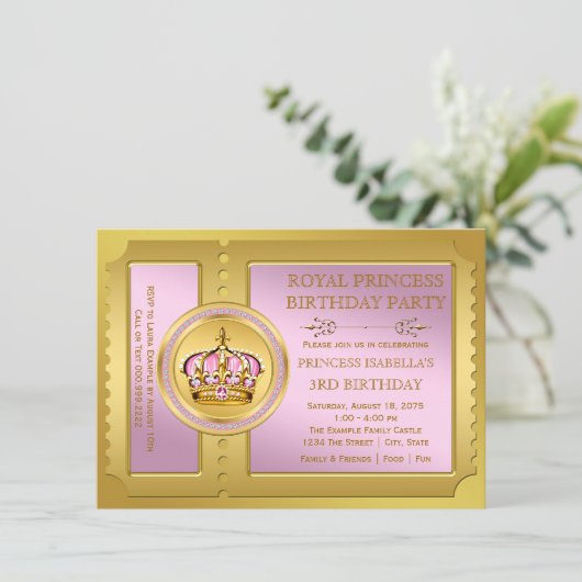 ピンクと金ゴールド王室のプリンセス誕生会 招待状 (スタンド正面)