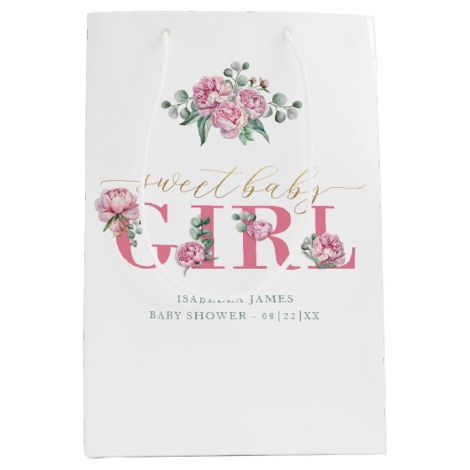 ピンクと金ゴールド甘いベビーガールフローラベビーシャワー ミディアムペーパーバッグ (正面)