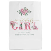 ピンクと金ゴールド甘いベビーガールフローラベビーシャワー ミディアムペーパーバッグ (裏面)