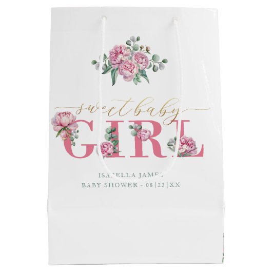ピンクと金ゴールド甘いベビーガールフローラベビーシャワー ミディアムペーパーバッグ (裏面)