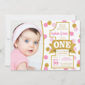 ピンクと金ゴールド第1誕生日招待状 | コンフェッティ 招待状 (正面)