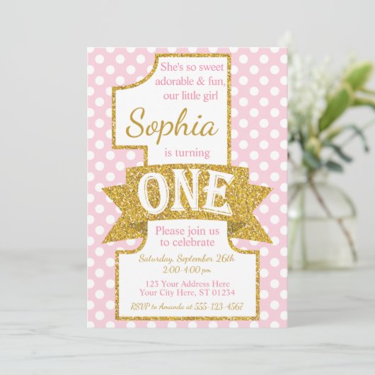 ピンクと金ゴールド第1誕生日招待状 招待状 (スタンド正面)