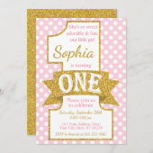 ピンクと金ゴールド第1誕生日招待状 招待状 (正面/裏面)