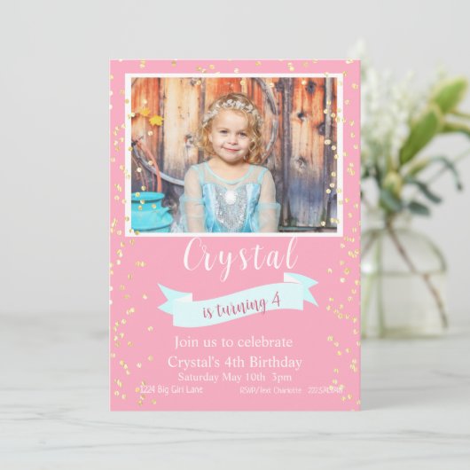 ピンクと金ゴールド第4誕生日写真 招待状 (スタンド正面)