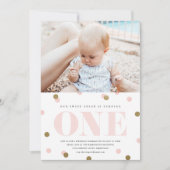 ピンクと金ゴールド紙吹雪の最初の誕生日パーティーの写真 招待状 (正面)