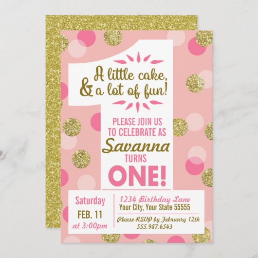 ピンクと金ゴールド紙吹雪ファースト誕生日招待状 招待状 (正面/裏面)