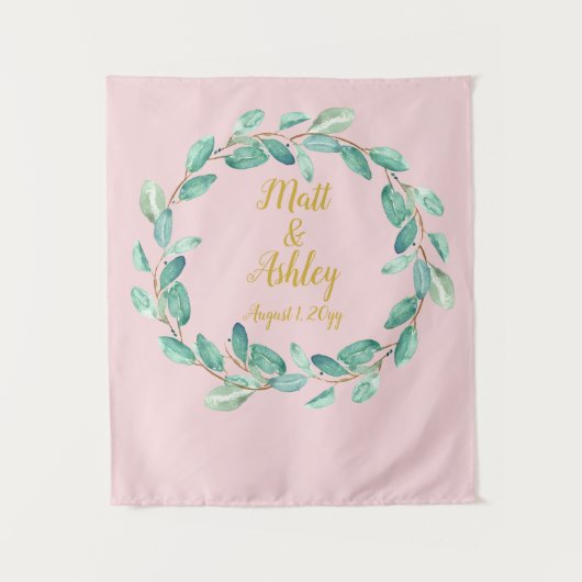 ピンクと金ゴールド結婚の背景フォトブース緑 タペストリー (正面)